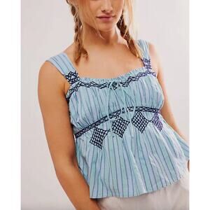 Free People Locked On You Smocked Top Sky Blue Combo Medium Babydoll Cotton Tank